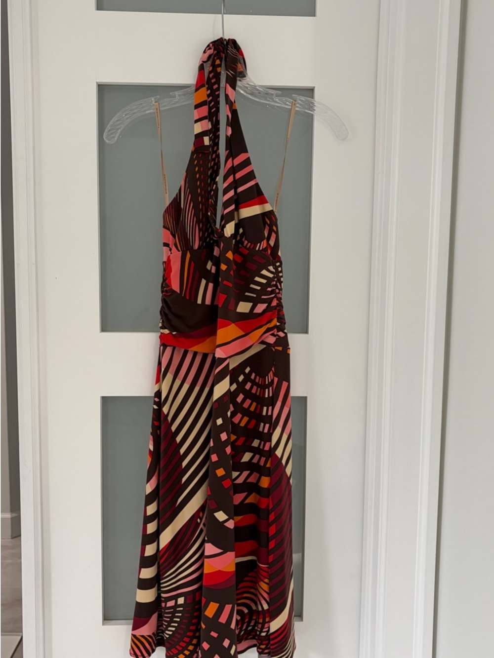 BCBGMaxAzria One-Shoulder Halter Dress in Brown, Pink & Red Geometric Print